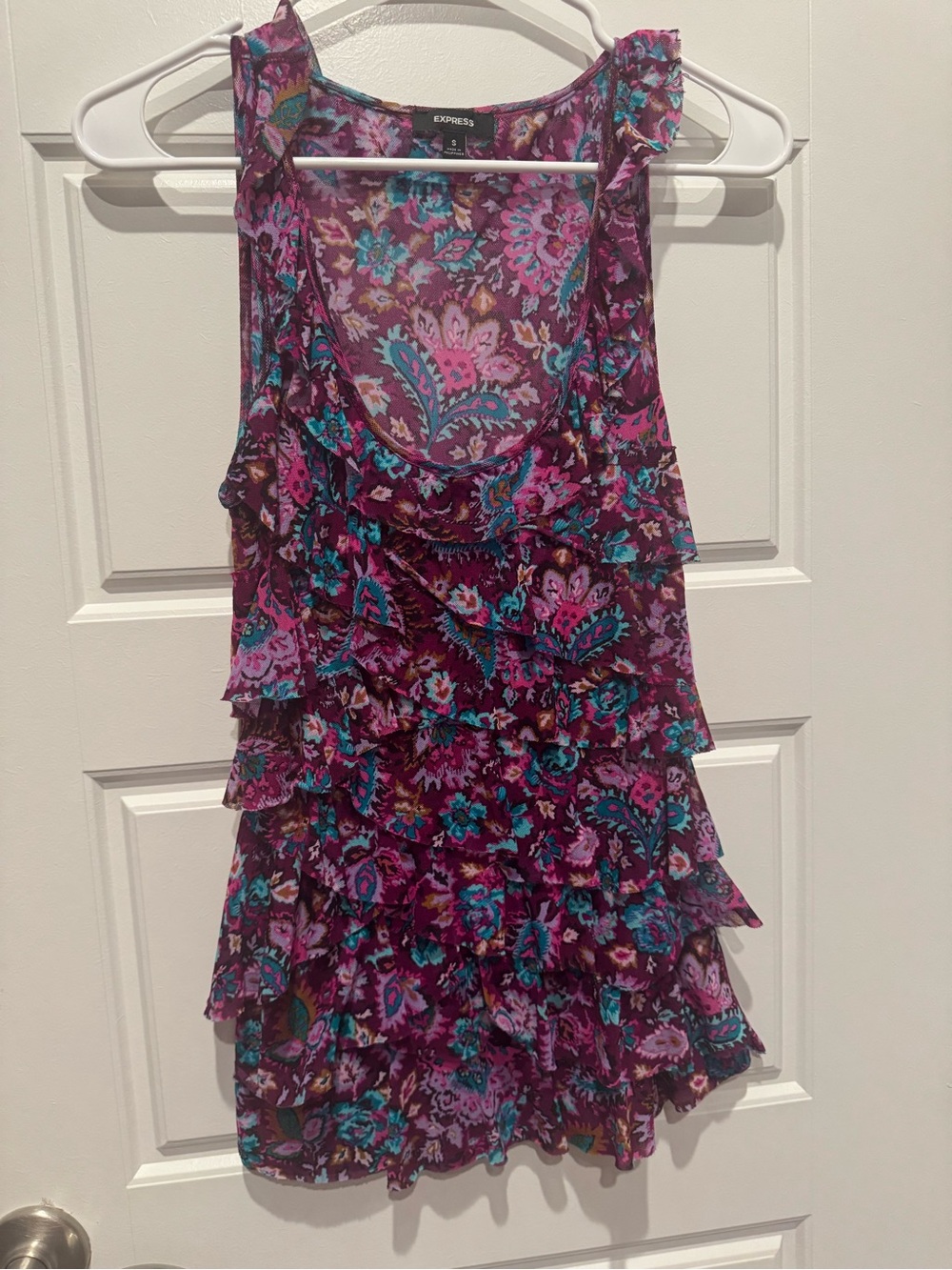 Express Purple Floral Mesh Top with Pink & Teal Accents